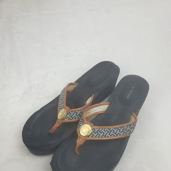 Tommy Hilfiger Wedge Flip Flop Sandals Womens Size 11 Blue Brown Fabric Slip On - Picture 1 of 9
